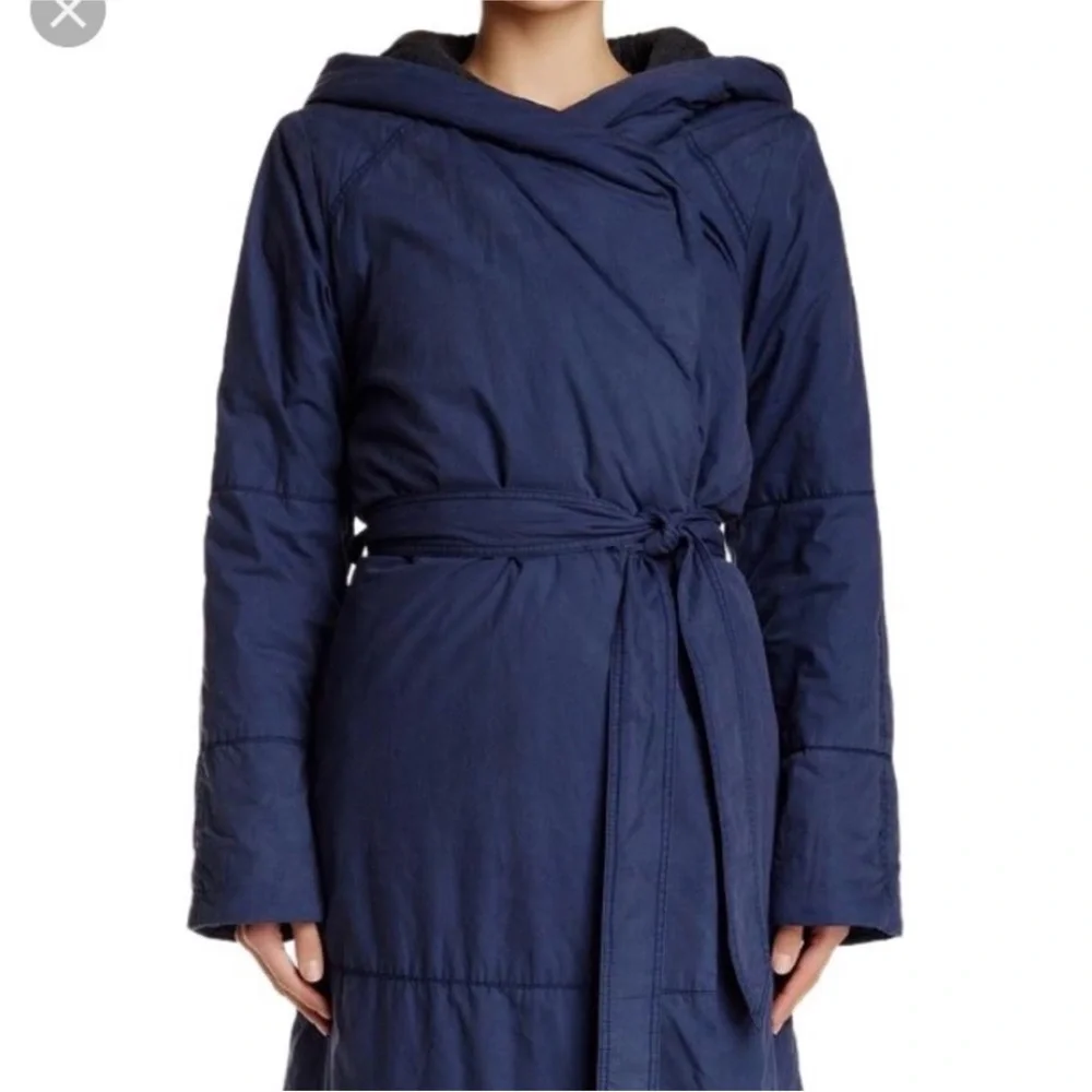 Free People Navy and Charcoal Hooded Poplin Blanket Coat
